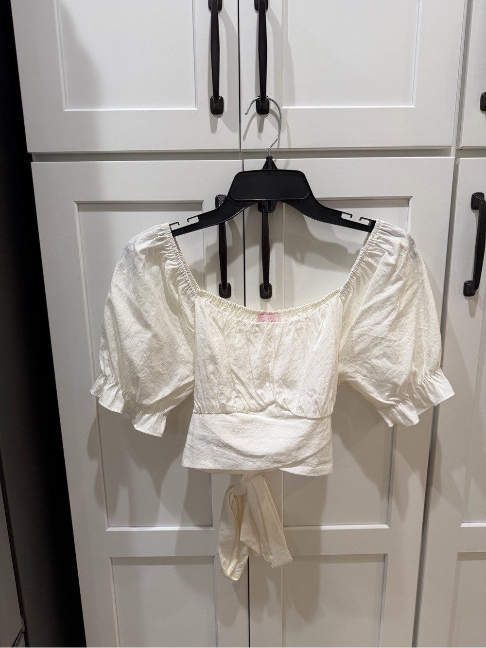 Pink Lily White Puff Sleeve Tie-Back Crop Top